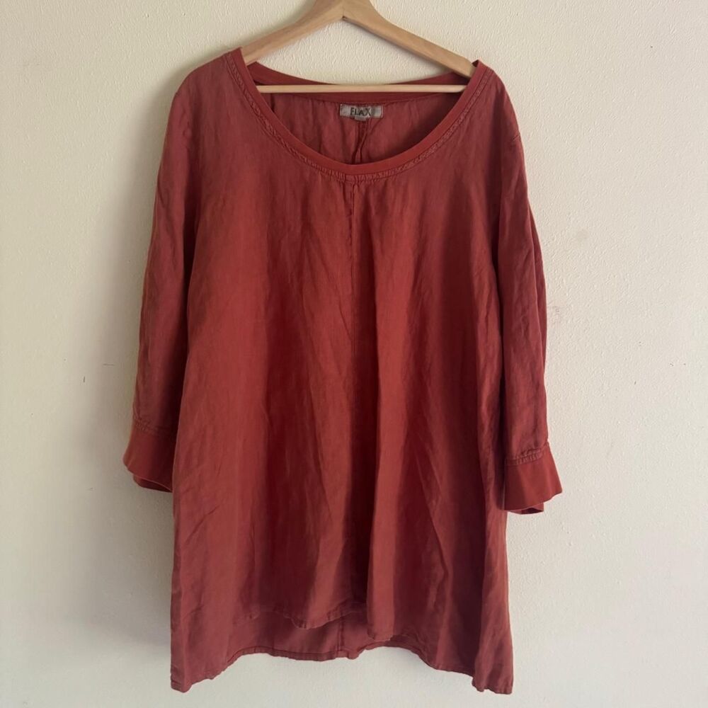 FLAX 100% Linen Tunic L Terracotta Rust Orange Lagenlook Boho Cotton Trim